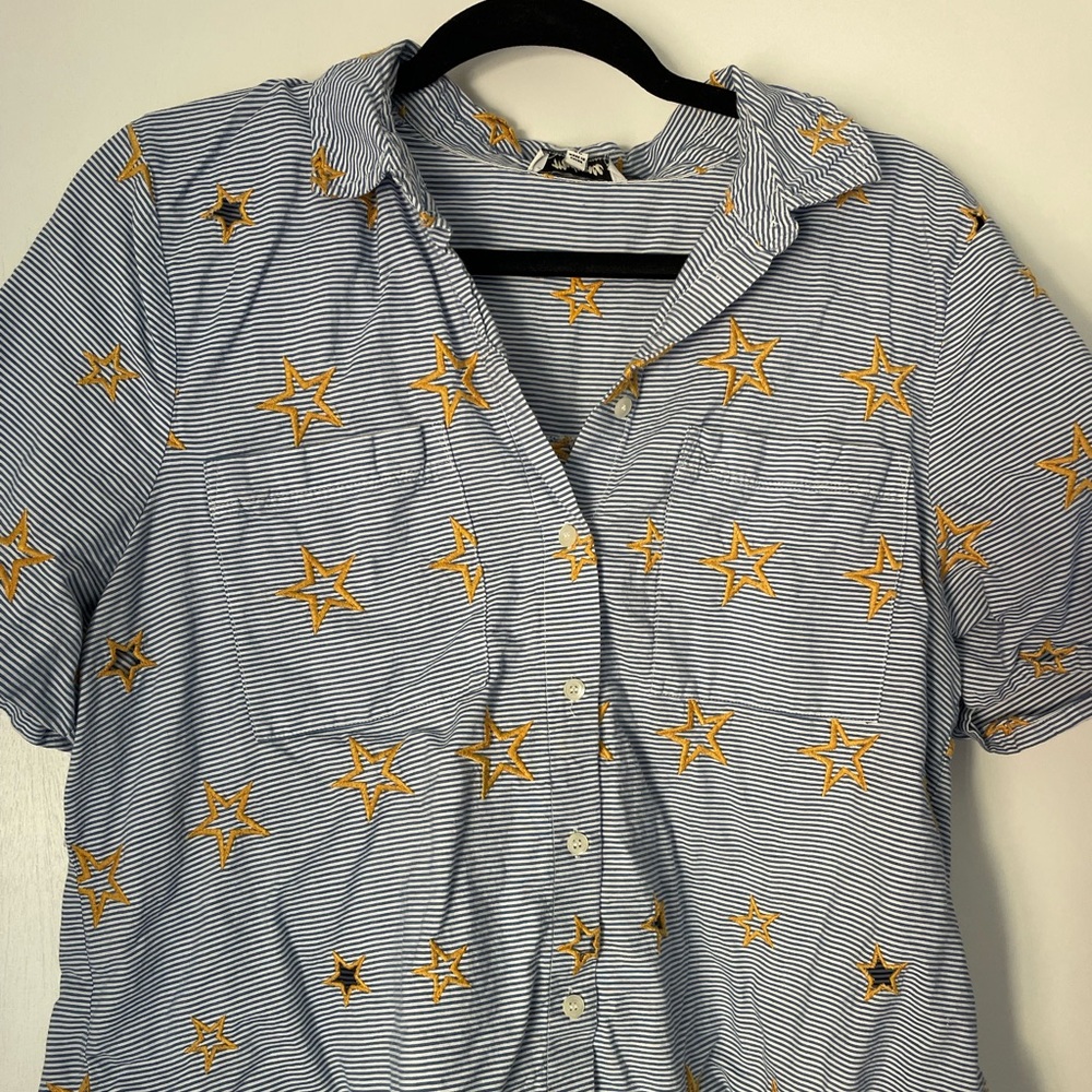 Madewell Yellow Star Embroidered Blue White Striped Shirt